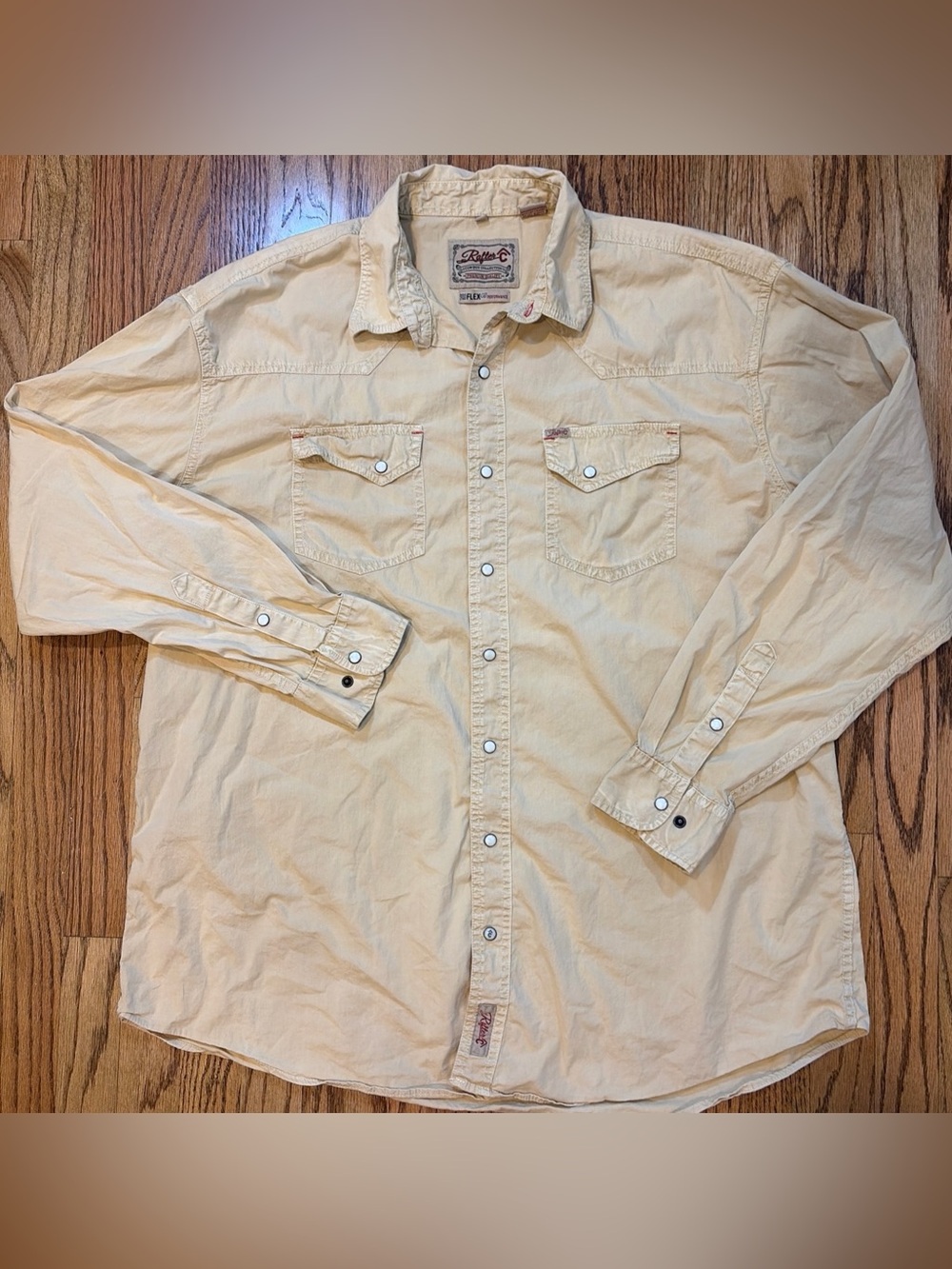 Rafter C Cavenders Mens 2XL XXL Pro Flex 45 Tan Pearl Snap Western Shirt Cowboy